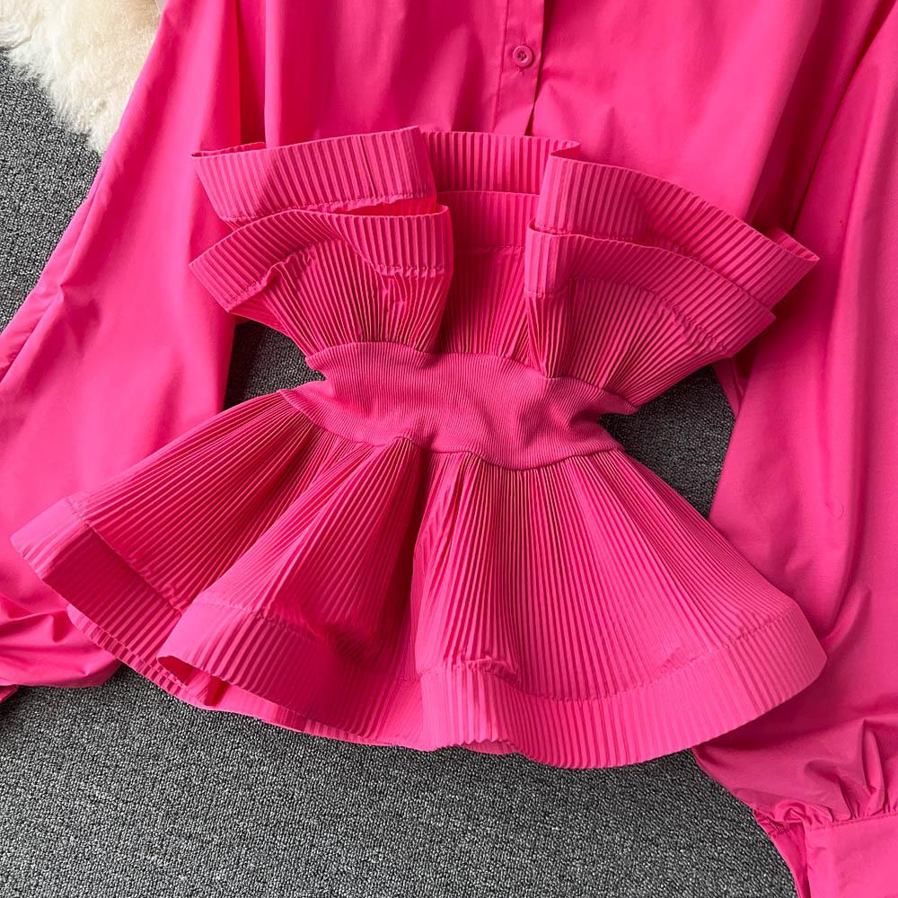 Langarmshirt Damen Dreidimensionale Plissee Rüschen Taille Temperament Vielseitige Frühlingsbluse