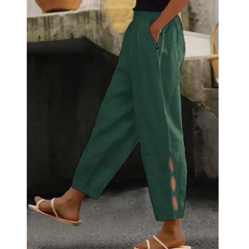 

Новые женские брюки хлопок лен однотонные модные повседневные брюки с боковыми карманами на пуговицах с вырезами XL зелёный