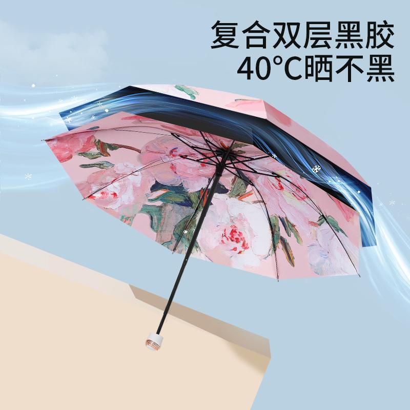 Popular oil painting vinyl double-layer parasol double sun protection and UV protection women's portable folding umbrella