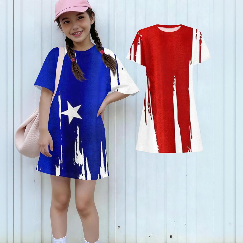 Girls Independence Day Print Casual Dress Kids Loose Round Neck Short Sleeve Thin Sundress