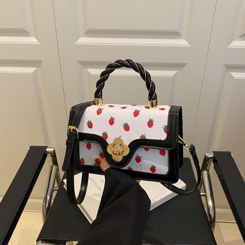 Little Cherry Printed Shoulder Bag Women's New Twist Portable Small Square Bag Fresh Contrast Color Design Messenger Bag