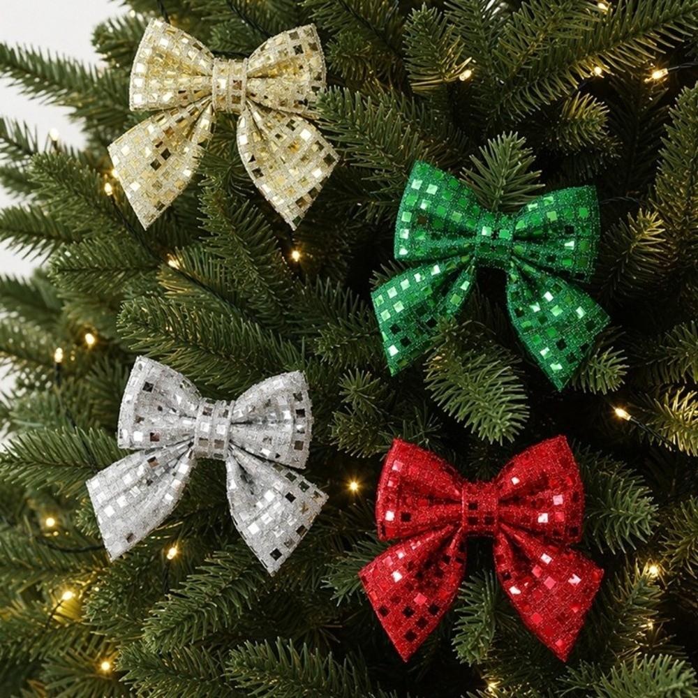 4PCS Vintage Christmas Wreaths Bow Shiny Sequined Xmas Tree Bow Decor Holiday Party