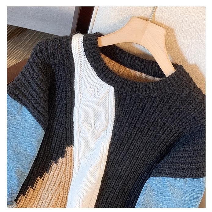 Maglietta invernale oversize da donna, maglione in denim con scollo a V, pullover patchwork, maglia basic blu alla moda, maglione largo