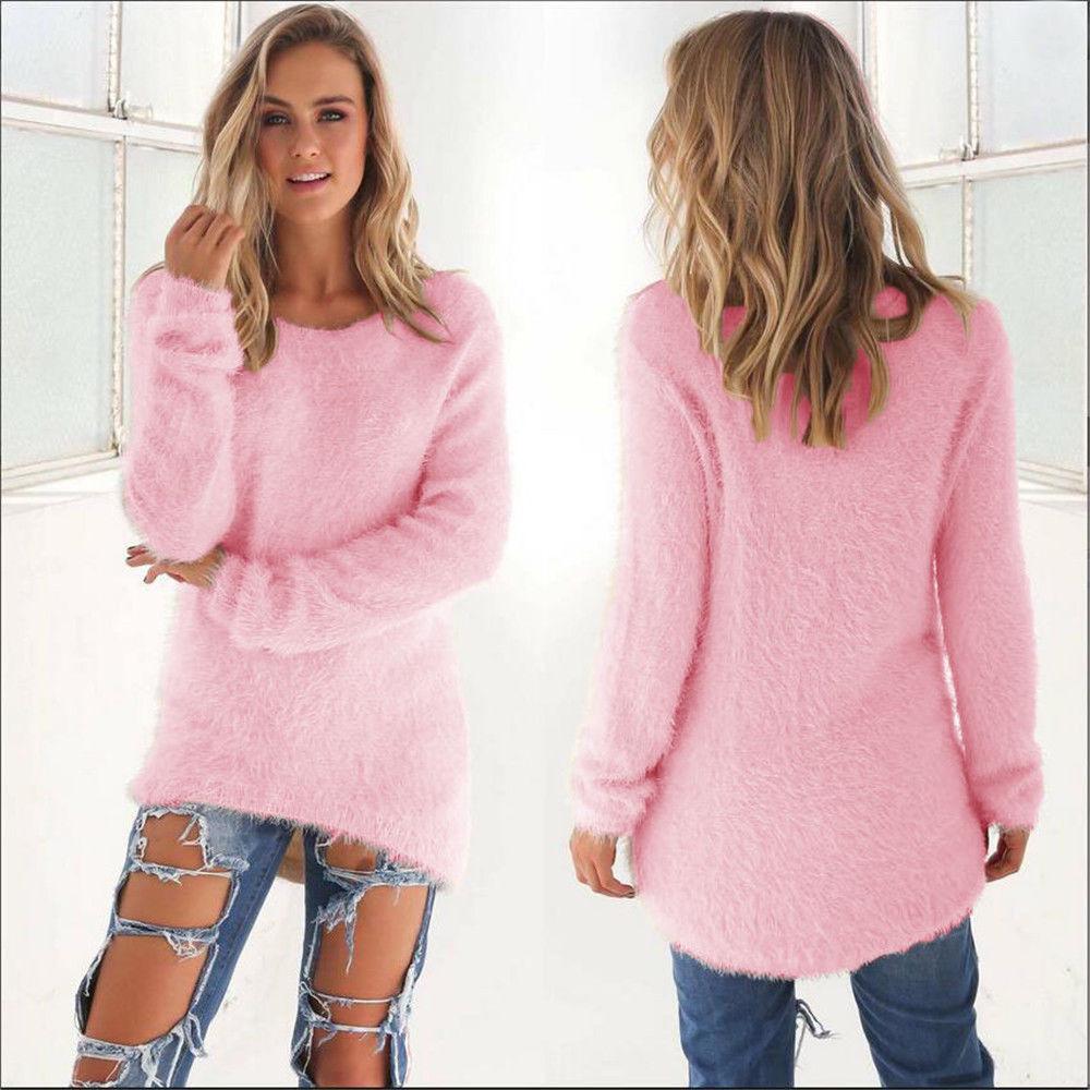 Herbst Winter Damen Warmer Pullover Einfarbig Langarmpullover Rundhals Locker Baumwolle Gestrickter Pullover Langer Pullover Lässige Oversize Bluse Damen