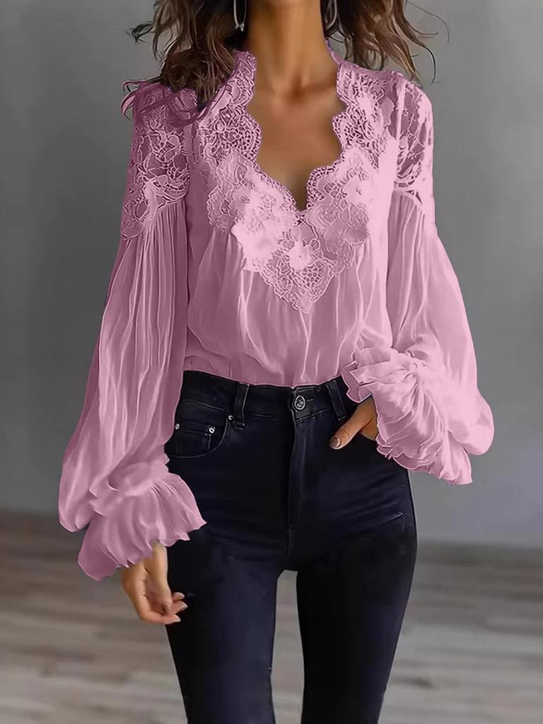 Women's Lace Patchwork Bubble Sleeve Ruffled Shirt