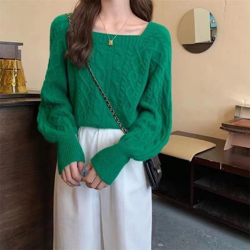 WTEMPO Women's Solid Color Casual Outdoor Versatile Retro Sweaters Long Sleeve Spring Autumn Square Collar Knitted Pullovers