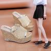 Fashion Bling Golden Women Slippers Summer Shoes Platform 4cm Outside Fitting-room 11cm High Heels Wedges Solid Mesh Female Sliver Shoes