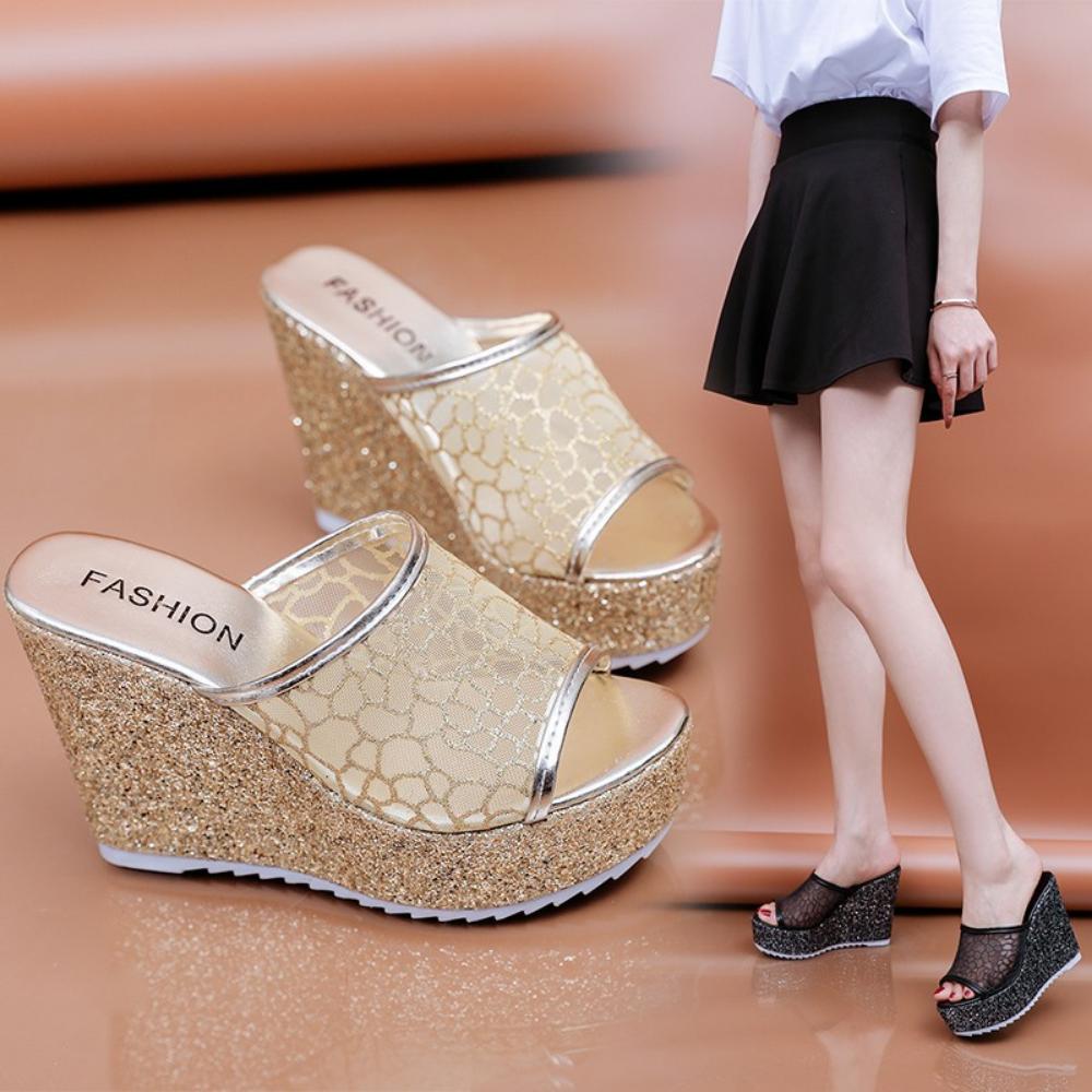 Fashion Bling Golden Women Slippers Summer Shoes Platform 4cm Outside Fitting-room 11cm High Heels Wedges Solid Mesh Female Sliver Shoes