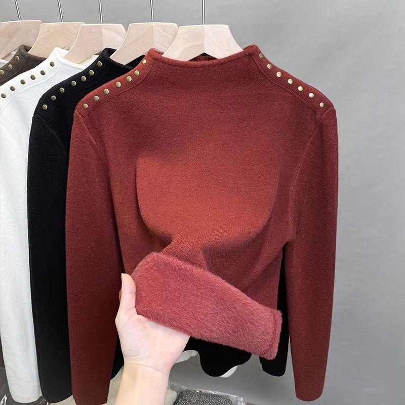 One Piece Velvet High Neck Sweater with Thick Velvet Base for Women Winter Rivet Knitted Sweater with Inner Top