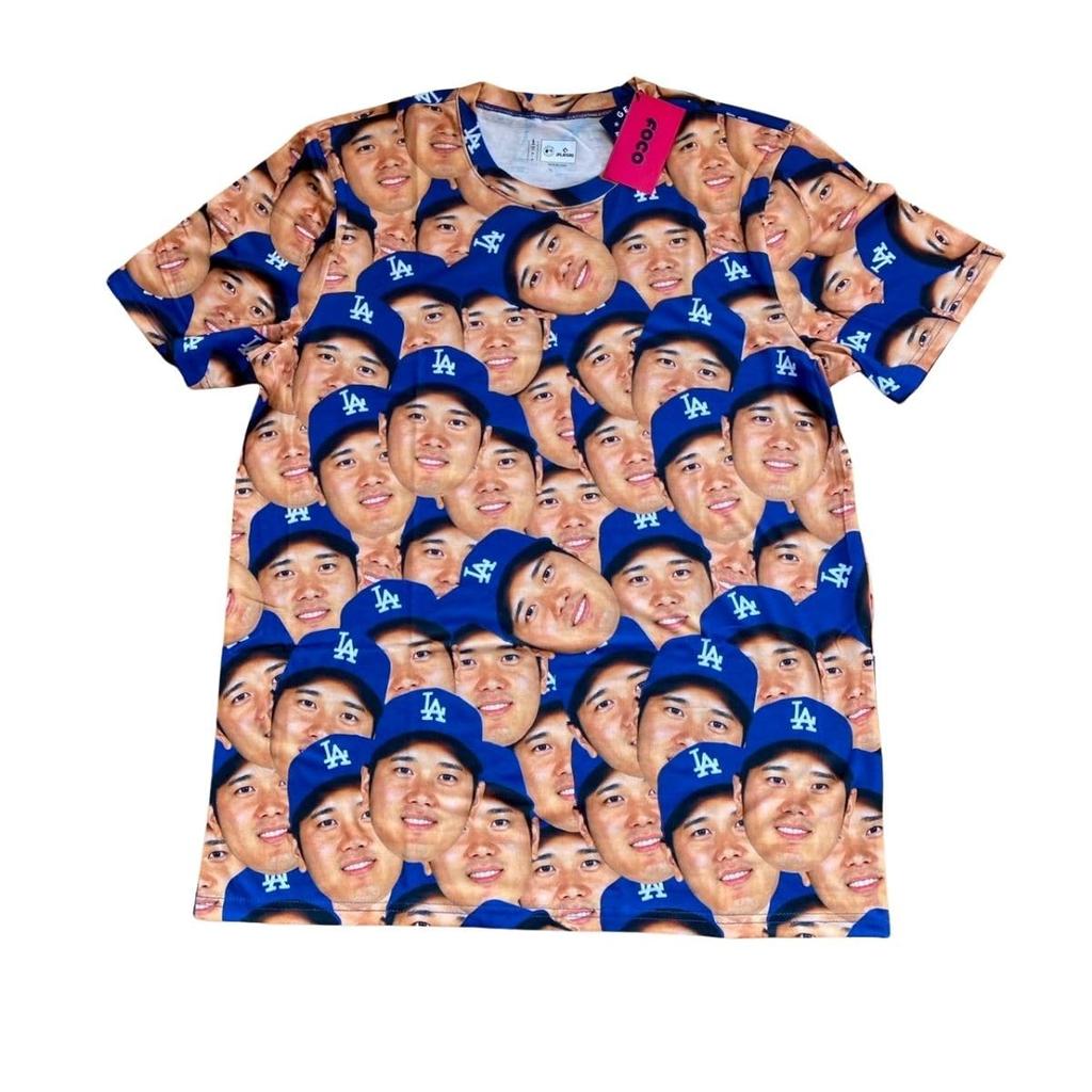 Shohei Ohtani Size Dodgers Shohei Ohtani [FOCO] [MLB Official] "Face" T-Shirt, L, Blue, Merchandise,