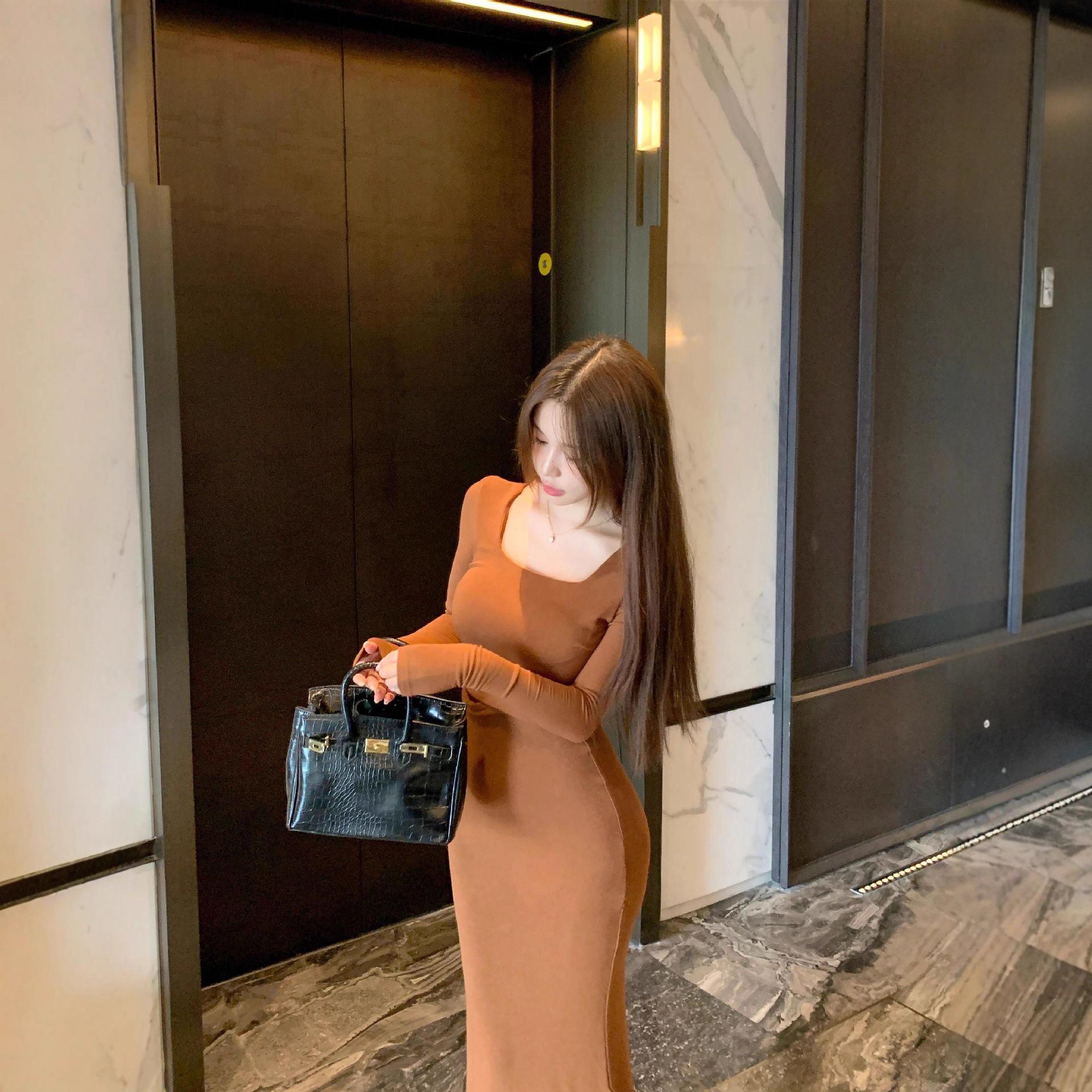

Long-sleeved mesh stitching pure desire sexy slim-fitting hip-wrapped fishtail skirt autumn and spring waist beautiful super good-looking dress XL