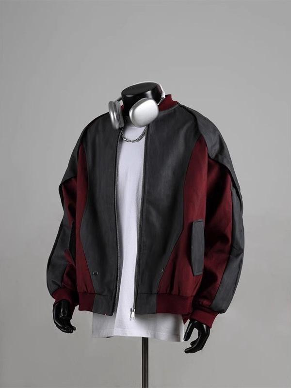 

European & American Streetwear Color Block Patchwork PU Leather Baseball Jacket XL