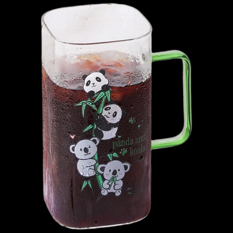 Cute Panda Square Glass Straw Cup with Handle