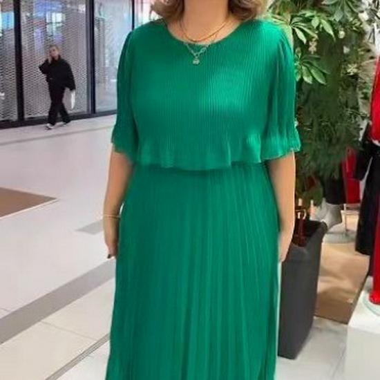 

Европейское и американское женское миди-платье больших размеров однотонное с круглым вырезом и рукавами пять четвертей - Мода весна/лето 3XL зелёный