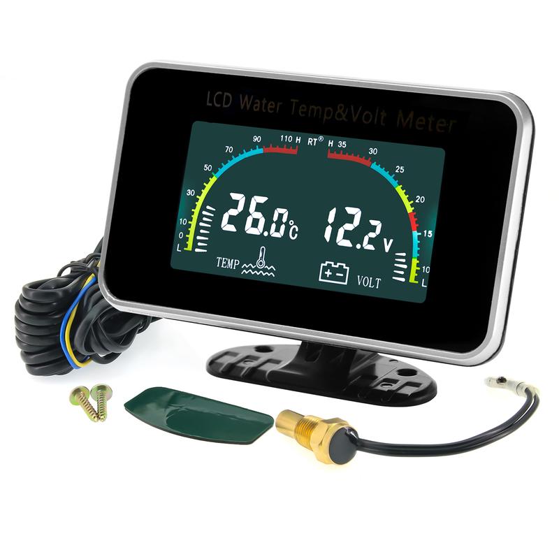 2 In 1 Car LCD Digital Water Temp Voltage Gauge Car Voltmeter Water Temp Gauge With Water Temp Sensor 1/8NPT For 12V 24V Car Tru