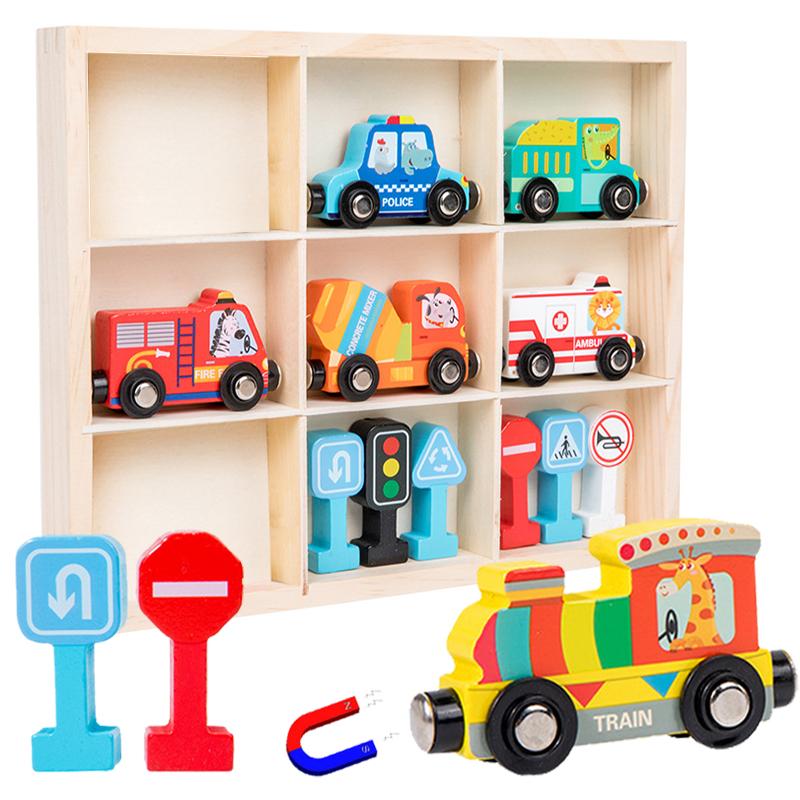 

Montessori Wooden Toys Magnetic Small Train DIY Traffic Sign Recognition Vehicle Cognition Car Models Children Educational Toys