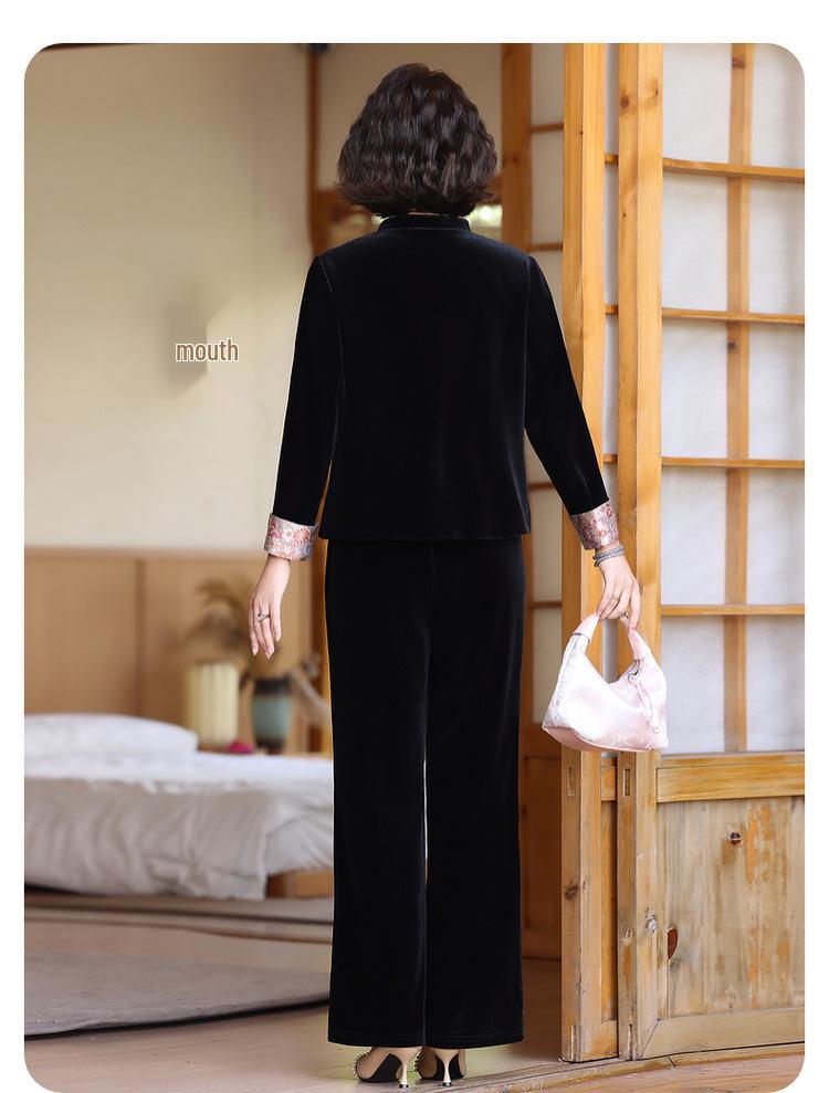 2025 Spring/Autumn Classic Chinese Style Velvet Two-Piece Set for Middle-Aged Women