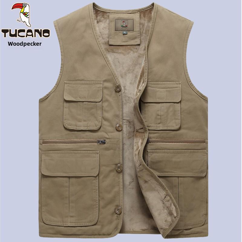 Woodpecker Men's Warm Fleece Lined Vest - Thickened Cotton Sleeveless Jacket for Autumn and Winter