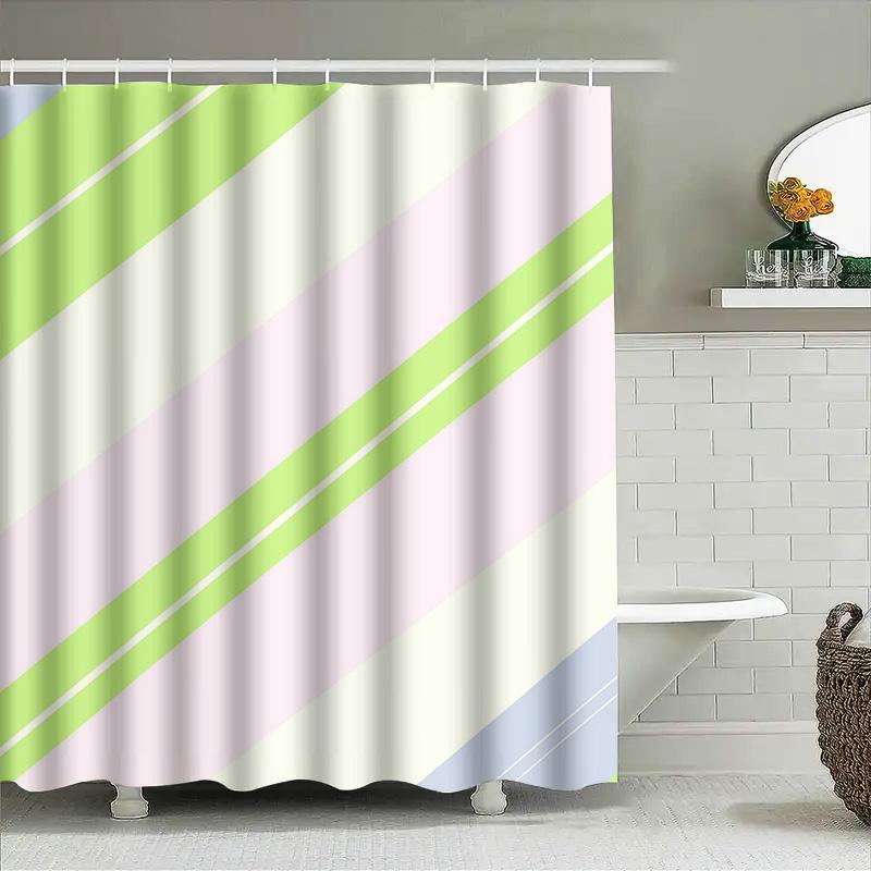 Modern Bath Shower Curtain Set: Soft Pastel Green Pink Striped Waterproof Fabric Decorative Bathroom Closures Blue Color Availab