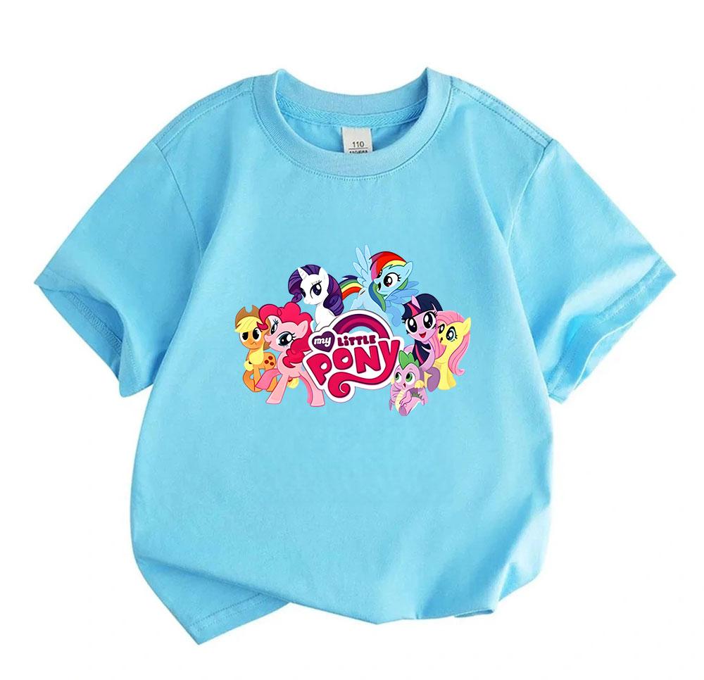 Cute Cartoon Magic Little Horse Print Boys Girls 100% Cotton T-shirt Casual O-neck Short Sleeve Tees Top for Kids Summer Soft Breathable Comfortable D