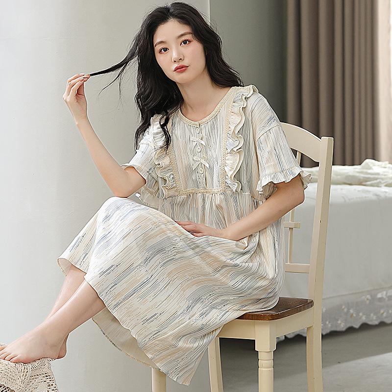Summer Girl Pink Bow Nightdress Pure Cotton with Chest Pad Anti-bumping Short Sleeve Elegant Lazy Lady Princess Dress