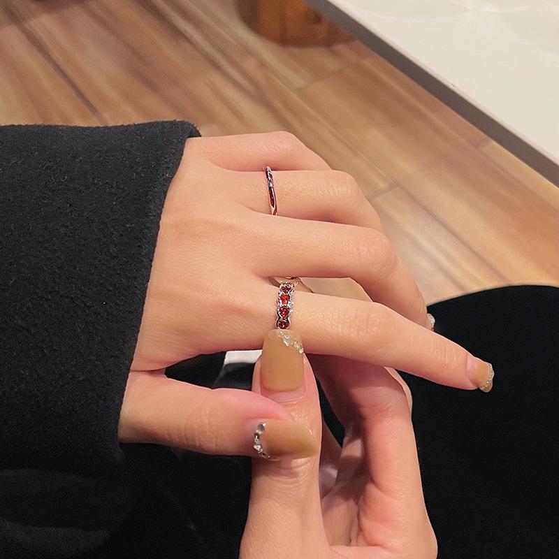 Red Zircon Ring Stacked With Simple French Personality Niche Design Advanced Cold Wind Index Finger Open Ring Woman