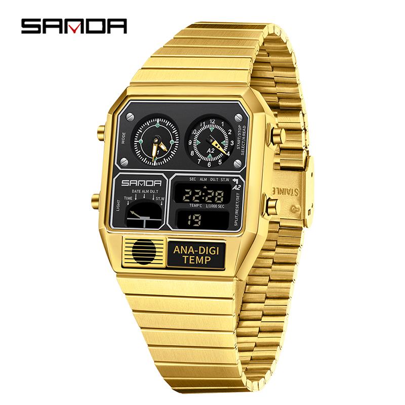 Relógio Masculino Digital LED SANDA 3192 Mostrador Quadrado Duplo Display Multifuncional Medição de Temperatura Esportivo Masculino de Pulso Presente