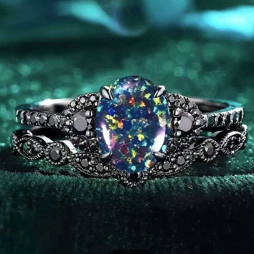 Vintage Black Color Flower Rings for Women Trendy Waterdrop Inlaid with Blue Stone Personalized Creativity Party Rings Jewelry