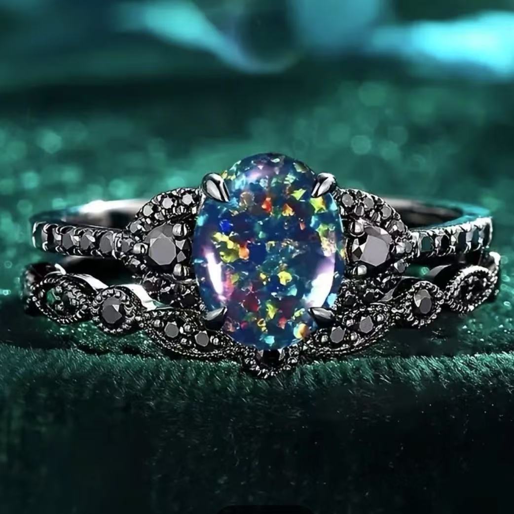 

Vintage Black Color Flower Rings for Women Trendy Waterdrop Inlaid with Blue Stone Personalized Creativity Party Rings Jewelry 10