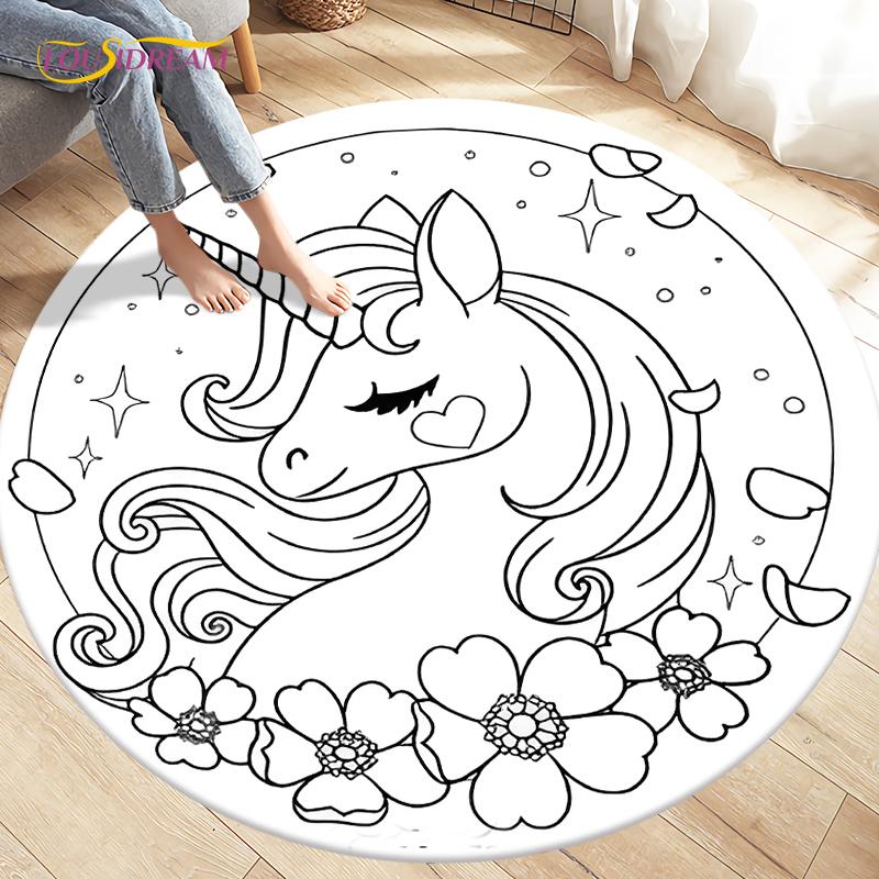Children's Cartoon Cute Unicorn Animals Area Rug Round Carpets Rugs for Living Room,Kids Play Crawling Soft Non-slip Floor Mats