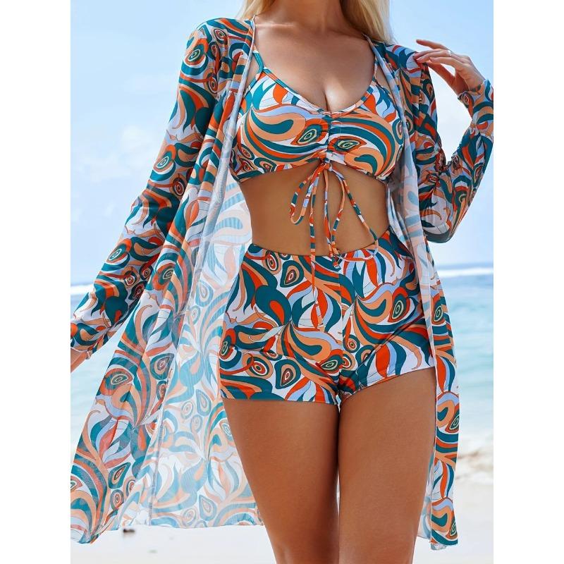 3 Pieces Tie Dye Bikinis Swimsuit 2026 New Women Drawstring Front Swimwear Female High Waist Shorts Bathers Swim Suit Beachwear