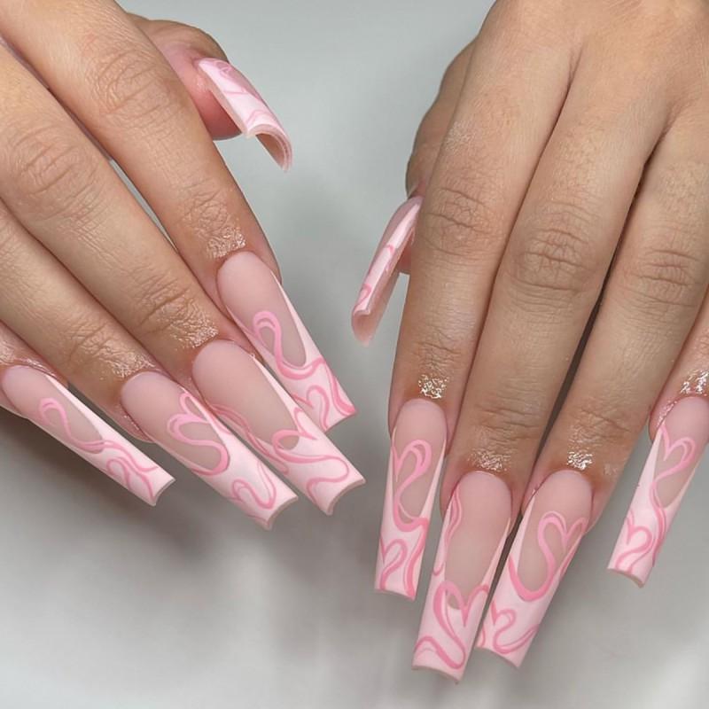 Long French Style Press-On Nails With Pink Heart Design Sweet Glam Nail Art Tips Women Gel Nail