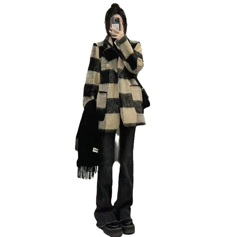 

Короткое шерстяное пальто в клетку, женское новое шерстяное пальто на осень и зиму 3XL чёрный