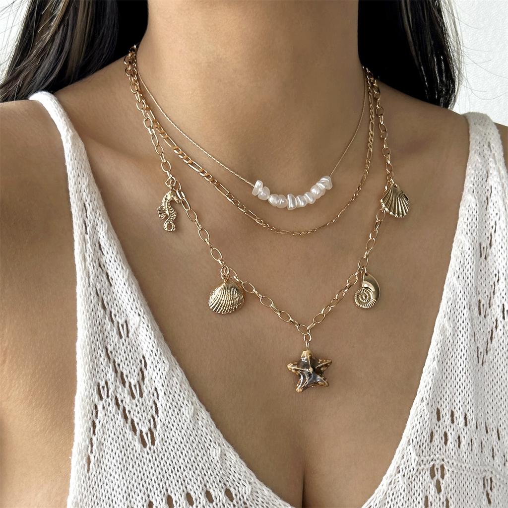 3pcs Ceramic Starfish Pendant Necklace for Women Metal Shell Conch Multi-Layered Clavicle Chain Summer Vacation Travel Jewelry