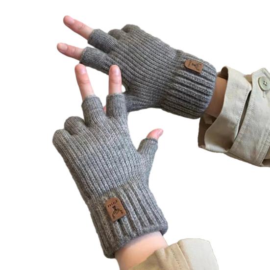 1 Pair Gloves Half Fingers Knitted Elastic Soft Anti-slip Warm Thickened Solid Color Unisex Student Winter Writing Gloves