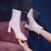 French Style High Heel Short Boots Women's Autumn Winter Commute Zipper Back Fashion Slim Boot Pure Color Square Head Flat Heel