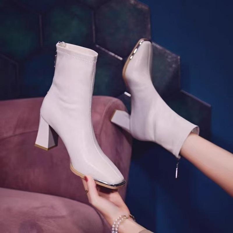 French Style High Heel Short Boots Women's Autumn Winter Commute Zipper Back Fashion Slim Boot Pure Color Square Head Flat Heel