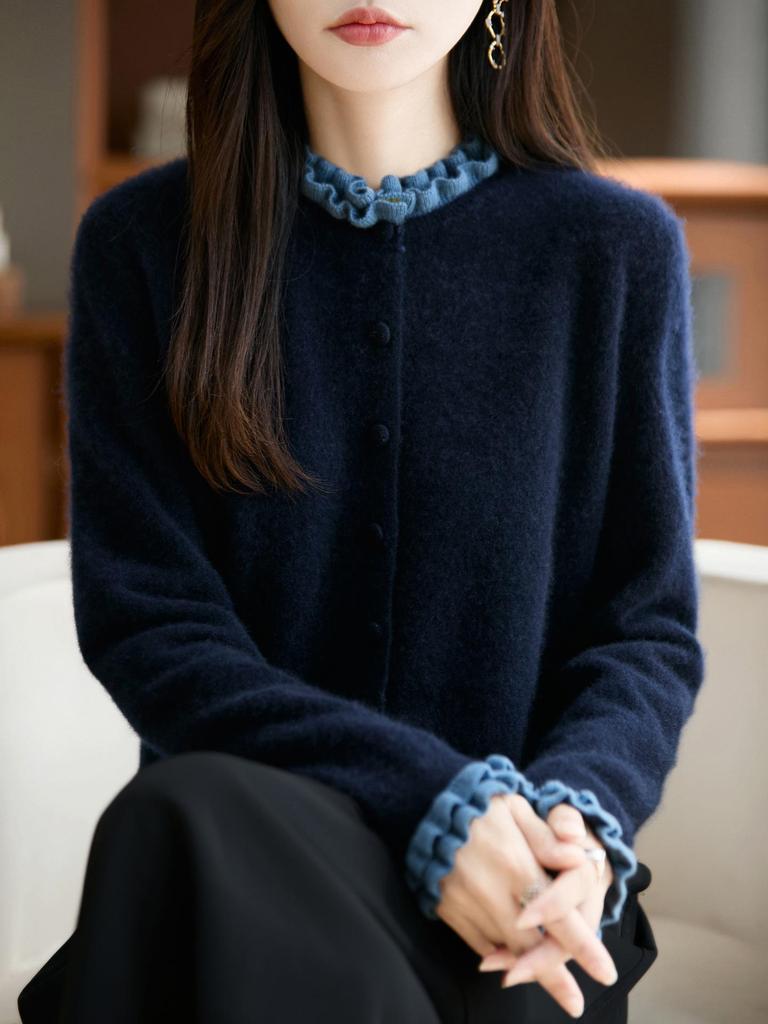 Women's Stylish Color Block Lace Knit Cardigan Sweater with Wood Ear Details and Button Closure for Fall and Winter
