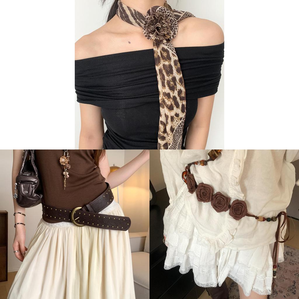 Vintage Western Style Leather Belt With Flower Beads For Women Casual Dresses