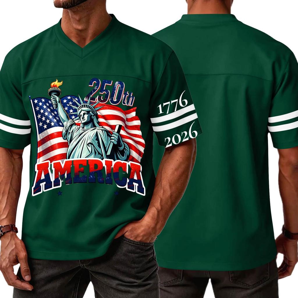 Men's Casual V Neck Jersey 250th America Independence Day Printed Short Sleeve Sports T Shirt Top with Lettering