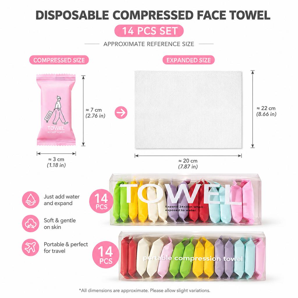14PCS Disposable Compressed Face Towels Portable Travel Cleansing Towels Individually Wrapped