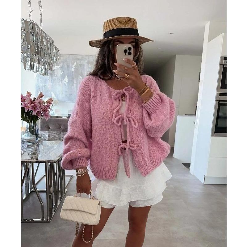 Solid Color O-neck Lace-up Knitted Cardigan Women Autumn Winter Streetwear Casual Simplicity Sweater Coats