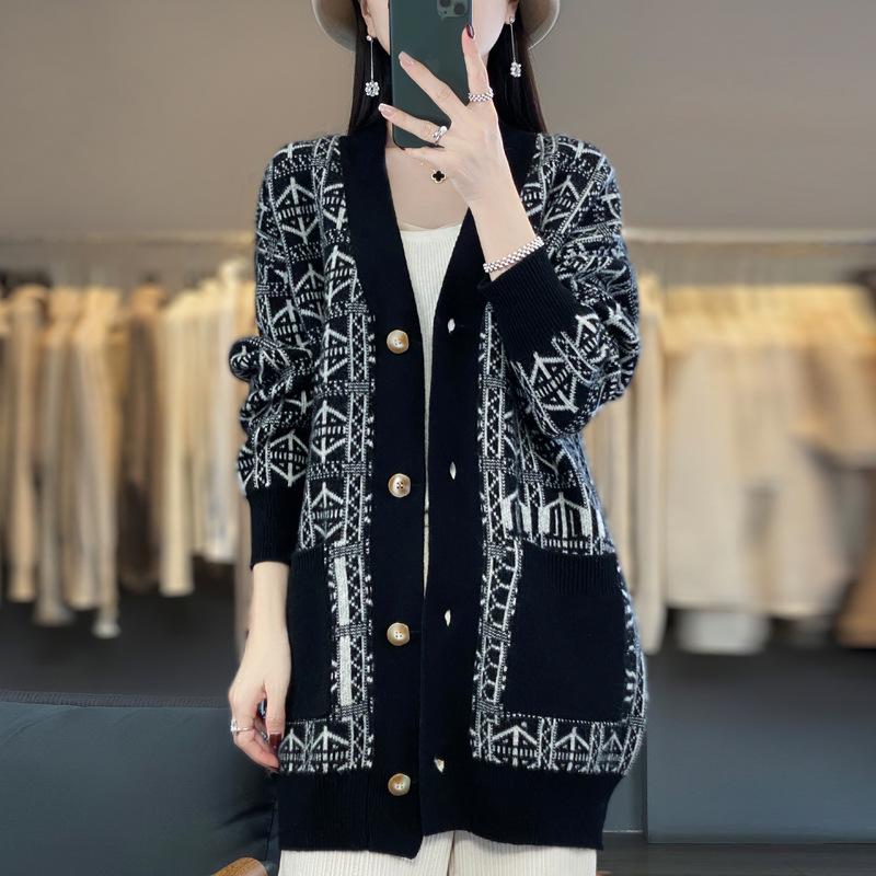 Women's Color Block Wool Cardigan Coat with Pockets