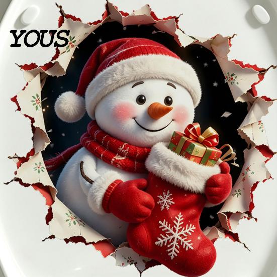 Removable Winter Themed Wall Art Christmas Toilet Decals, 3D Snowman Cover Sticker, Waterproof Funny Bathroom Seat Decor Sticker for Holiday Home Lid