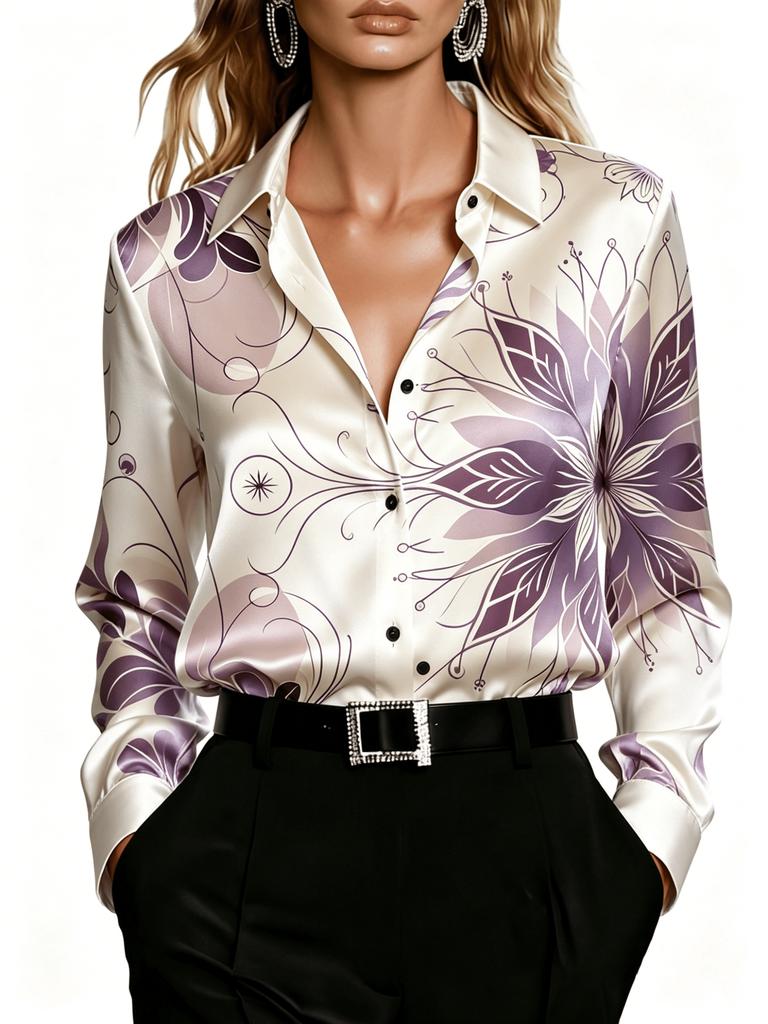 Women's floral print button-down shirt, long-sleeved collar shirt, suitable for both casual and professional wear, versatile for all seasons.