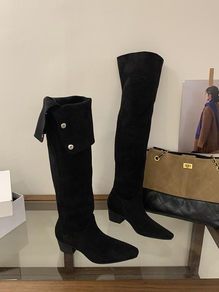 Retro thick-heeled elastic thin boots, new thin thick-heeled tall over-the-knee suede stacked women in autumn and winter 2025