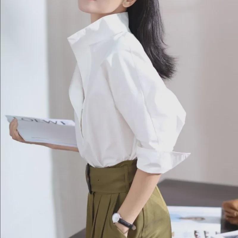 Women's Three-Quarter Sleeve Stand-Up Collar White Shirt - 2023 Early Autumn Loose Fit Top