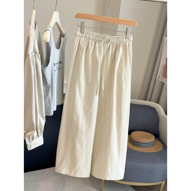 Small nine-point casual pants women's autumn new loose and thin elastic waist straight-leg pants solid color wide-leg pants