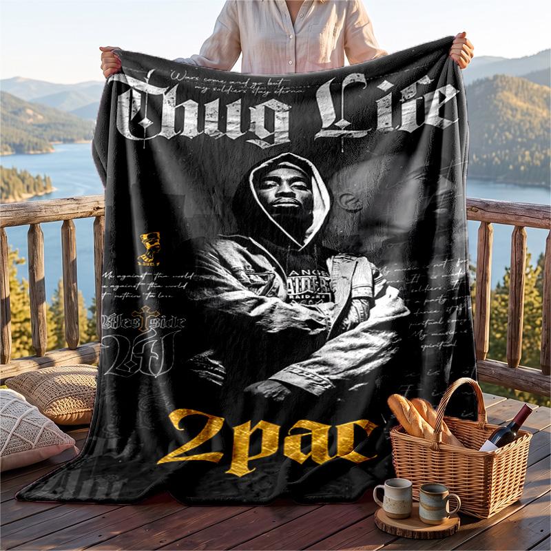 Warm Flannel Blanket Tupac Pattern, Lightweight Comfortable Throw Blanket for Bed Sofa Use