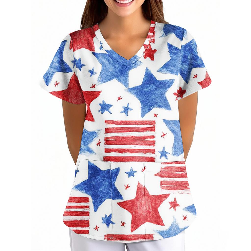 Women’s Loose Fit V Neck Short Sleeve Printed Nurse Scrub Top with Pocket Comfortable Uniform